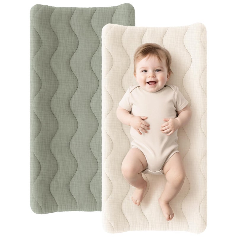 Konssy Waterproof Muslin Changing Pad Cover 2 Pack, 100% Cotton Quilted Diaper Changing Table Sheets, Soft Breathable Boho Nursery Bedding for Baby, Silent & Absorbent Standard Fit (Fog Green,Cream) - Image 1