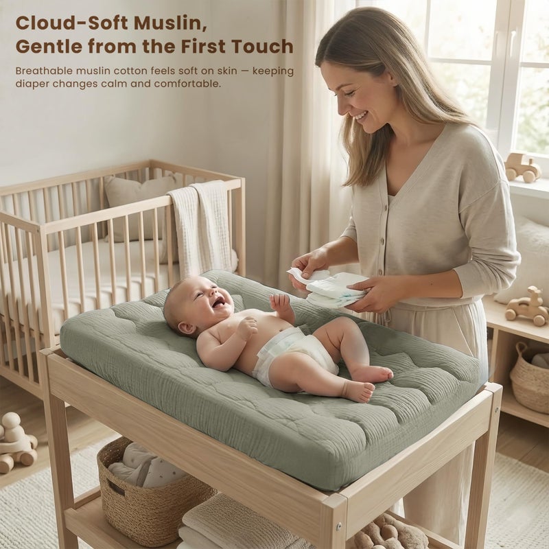 Konssy Waterproof Muslin Changing Pad Cover 2 Pack, 100% Cotton Quilted Diaper Changing Table Sheets, Soft Breathable Boho Nursery Bedding for Baby, Silent & Absorbent Standard Fit (Fog Green,Cream) - Image 2