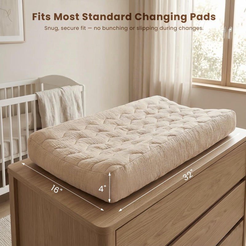 Konssy Waterproof Muslin Changing Pad Cover 2 Pack, 100% Cotton Quilted Diaper Changing Table Sheets, Soft Breathable Boho Nursery Bedding for Baby, Silent & Absorbent Standard Fit (Fog Green,Cream) - Image 4