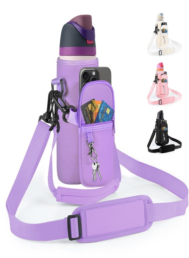 Icesip Water Bottle Carrier Bag with Strap for Owala FreeSip 32oz with Detachable Phone Pocket for Owala Accessories 32oz Water Bottle Sleeve for Walking Camping Gym Purple - Image 1