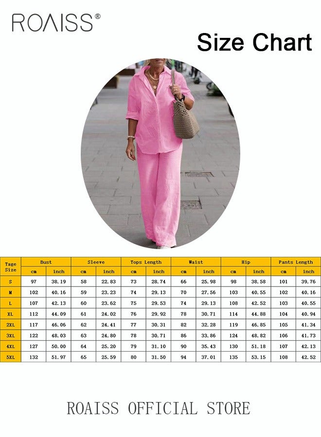 roaiss Ladies Comfortable Cotton Linen 2 Piece Suit for Daily Commute - Shirt and Wide Leg Pants Set with Simple Loose Fit Design for Leisure - Image 4