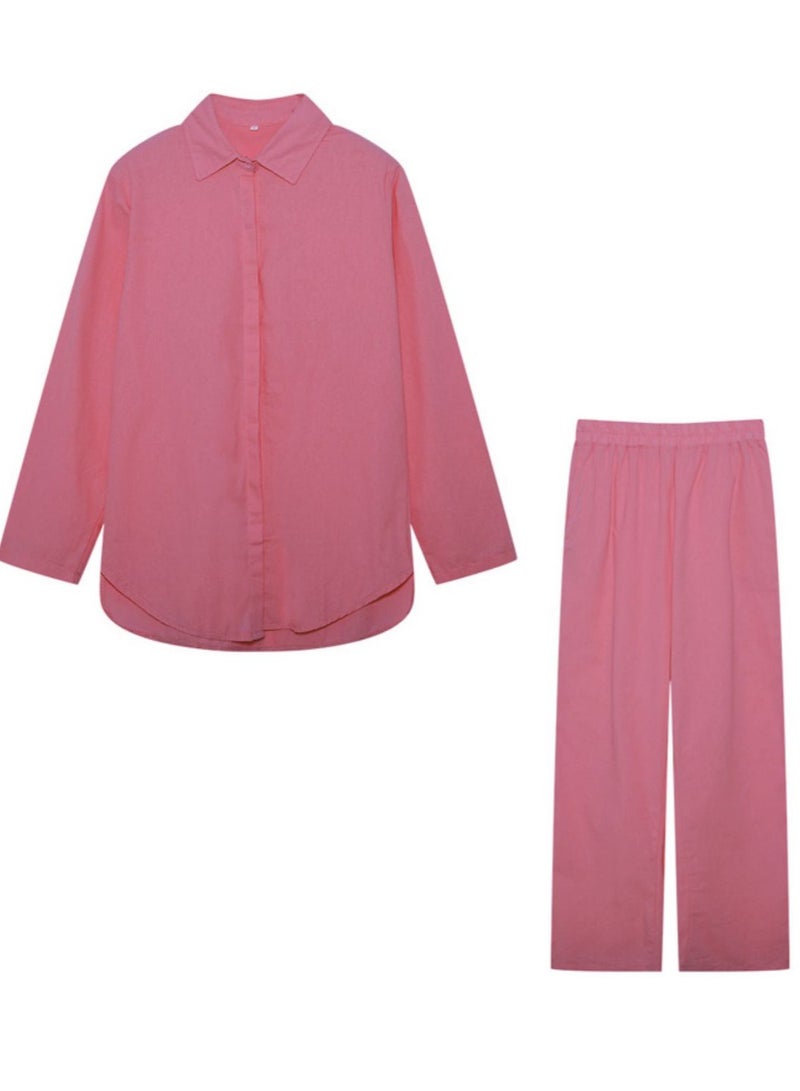 roaiss Ladies Comfortable Cotton Linen 2 Piece Suit for Daily Commute - Shirt and Wide Leg Pants Set with Simple Loose Fit Design for Leisure - Image 2