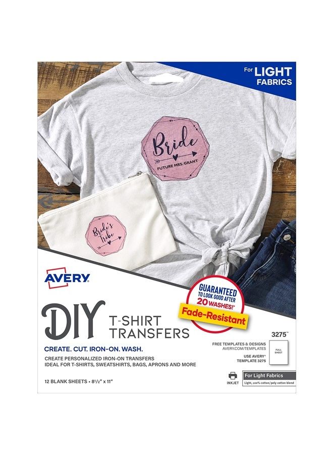 Avery Printable Heat Transfer Paper for Light Fabrics, 8.5" x 11", Inkjet Printer, 12 Iron On Transfers (3275) - Image 1