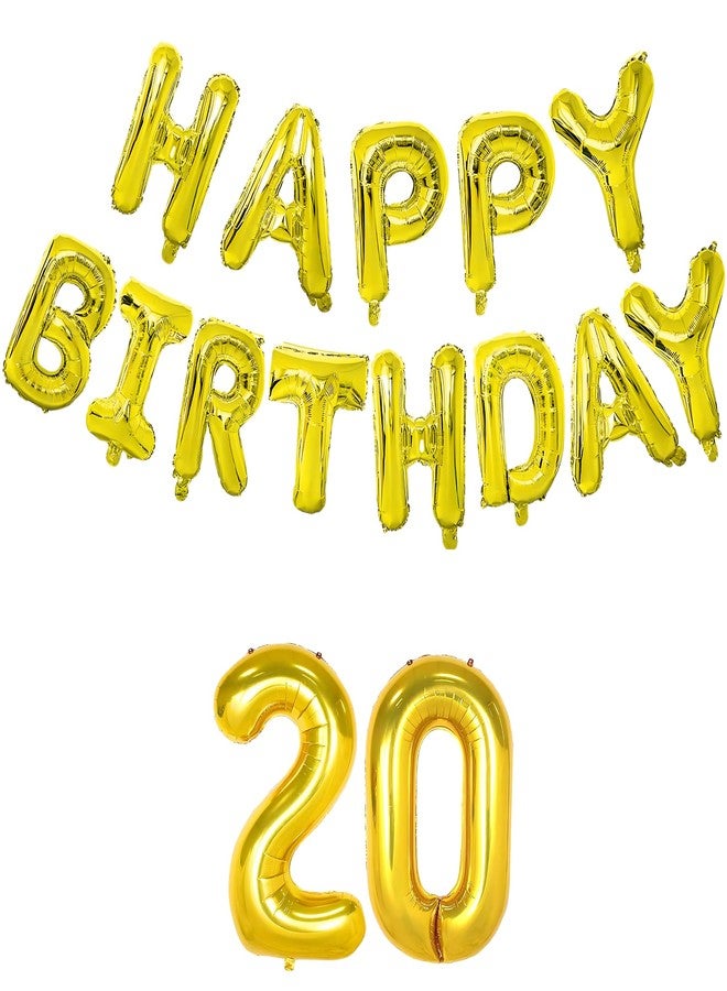 Flyloons 20th Golden Happy Birthday Foil Balloon Banner Set for 20 Year Old Boys Girls Teenage | with Number Twenty | 13 Letters Reusable Happy Birthday Metallic Foil Balloons Decoration Kit,15 piece - Image 1