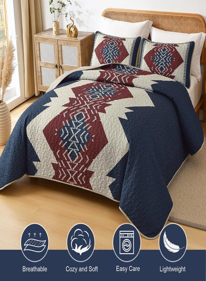 Dintszyayue Blue and Red Quilt Set King Size Boho,3 Piece Aztec Texture Bedspread Coverlet Set Soft Lightweight Bedding Set Geometric Bohemian Bedspread with 2 Pillowcases(Blue Red,90"x103") - Image 2
