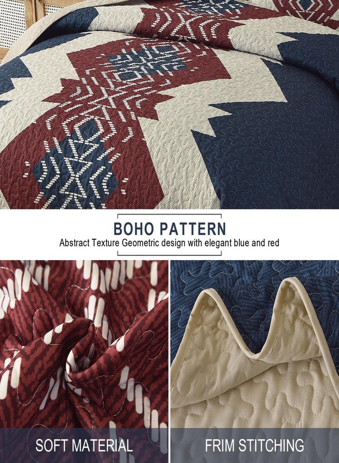 Dintszyayue Blue and Red Quilt Set King Size Boho,3 Piece Aztec Texture Bedspread Coverlet Set Soft Lightweight Bedding Set Geometric Bohemian Bedspread with 2 Pillowcases(Blue Red,90"x103") - Image 4