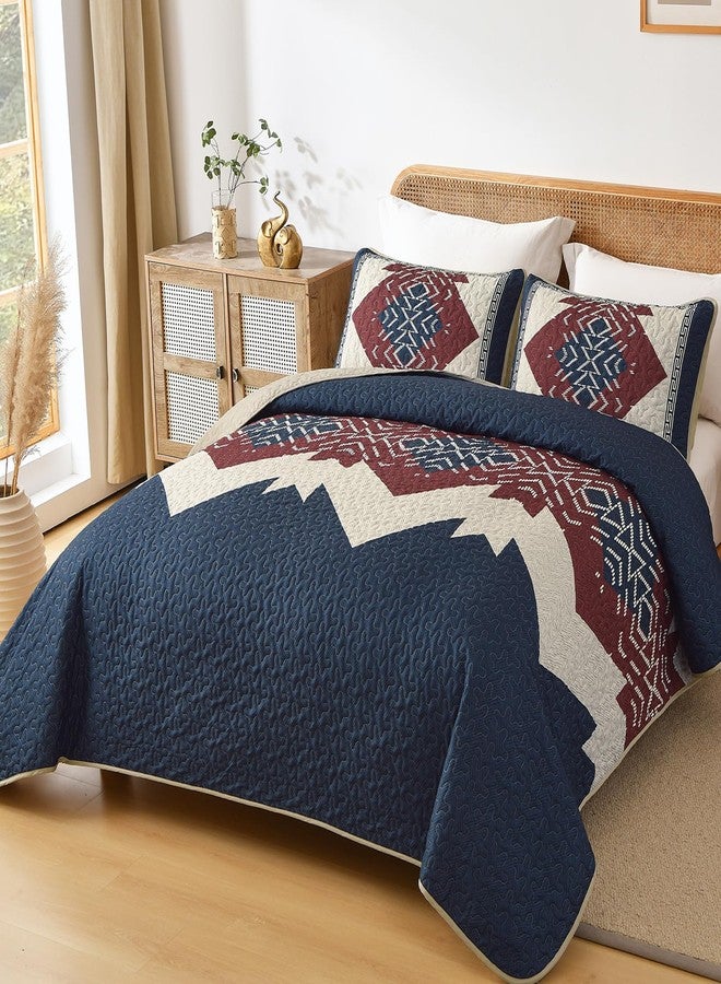 Dintszyayue Blue and Red Quilt Set King Size Boho,3 Piece Aztec Texture Bedspread Coverlet Set Soft Lightweight Bedding Set Geometric Bohemian Bedspread with 2 Pillowcases(Blue Red,90"x103") - Image 5