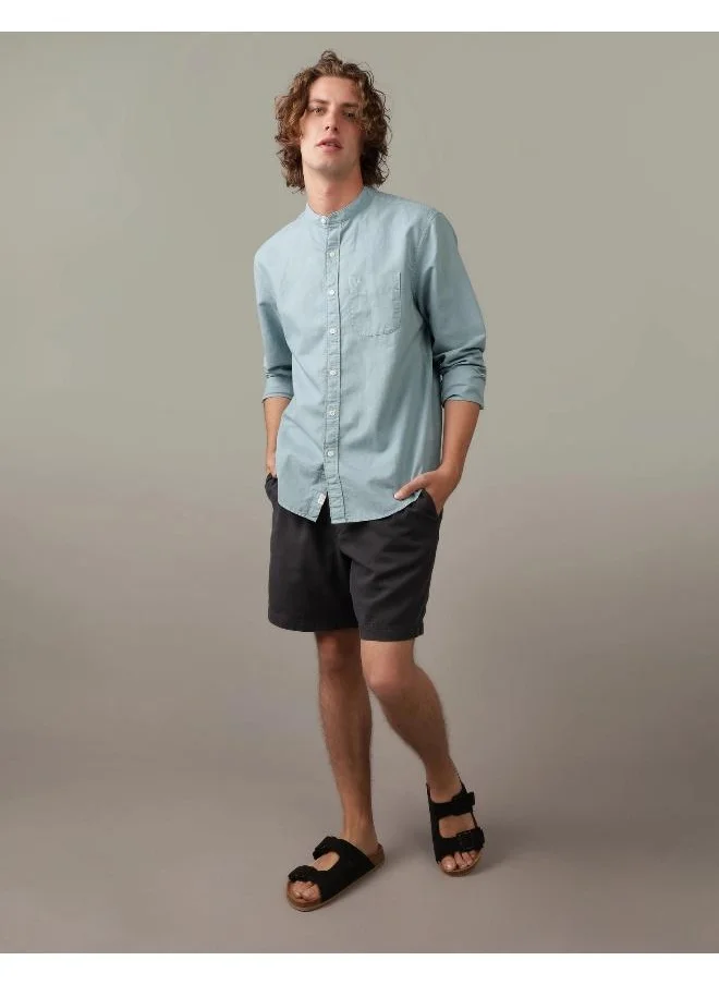 American Eagle AE Band Collar Linen Button-Up Shirt