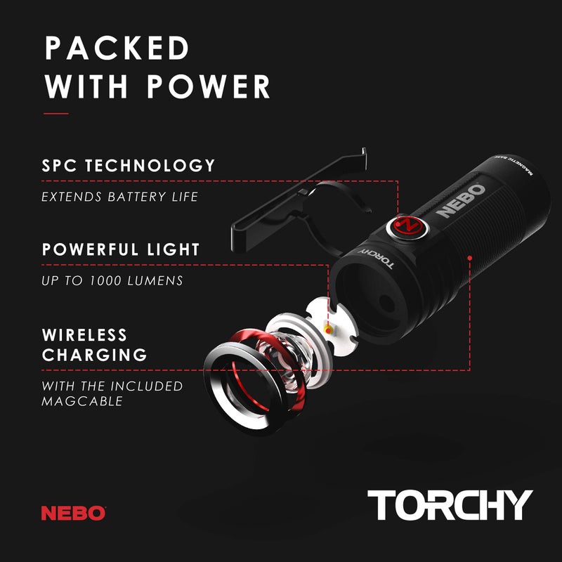 NEBO Torchy Rechargeable Pocket Flashlight | 1,000 Lumens, 5 Light Modes, Magnetic Base & Steel Clip, Water Resistant, LED Mini Flashlight for EDC & Camping, Includes Charging Cable - Image 4