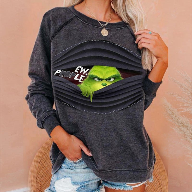 New Autumn and Winter Women's Casual Funny Furry Monster Print Christmas Sweatshirt Top T-Shirt