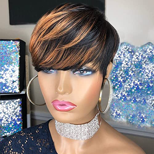 SAEIALL Short Pixie Cut Wig for Women Human Hair 1B33 Pixie Wig for Black Women Glueless Full Machine Made Wigs Easy to Wear Throw On and Go Wigs Black with Brown - Image 3