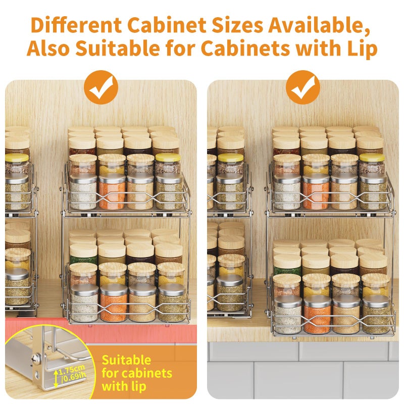 RCHYFEED Pull Out Spice Rack Organizer for Inside Cabinet, 2 Tier Spice Rack Spice Organization for Cabinet 6 Height Adjustable, Seasoning Organizer, 9.2"W x 10.4"D x 9.8"H (Also for Cabinet with Lip) - Image 4
