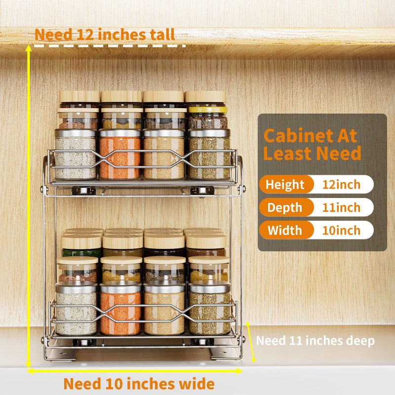RCHYFEED Pull Out Spice Rack Organizer for Inside Cabinet, 2 Tier Spice Rack Spice Organization for Cabinet 6 Height Adjustable, Seasoning Organizer, 9.2"W x 10.4"D x 9.8"H (Also for Cabinet with Lip) - Image 3