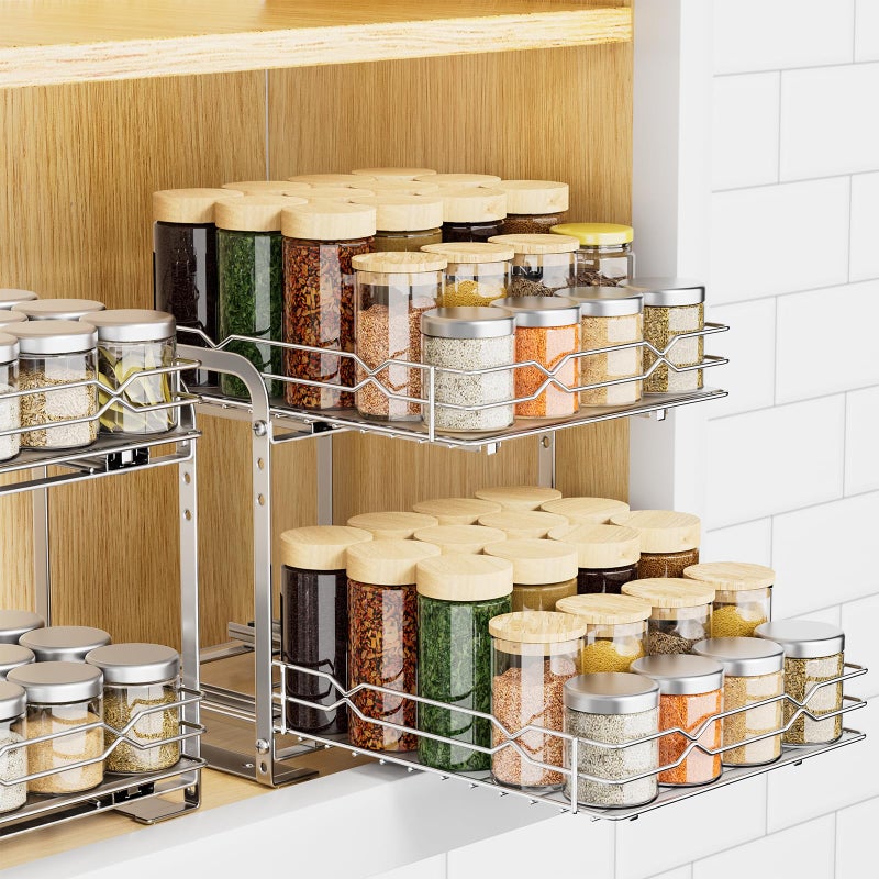 RCHYFEED Pull Out Spice Rack Organizer for Inside Cabinet, 2 Tier Spice Rack Spice Organization for Cabinet 6 Height Adjustable, Seasoning Organizer, 9.2"W x 10.4"D x 9.8"H (Also for Cabinet with Lip) - Image 1