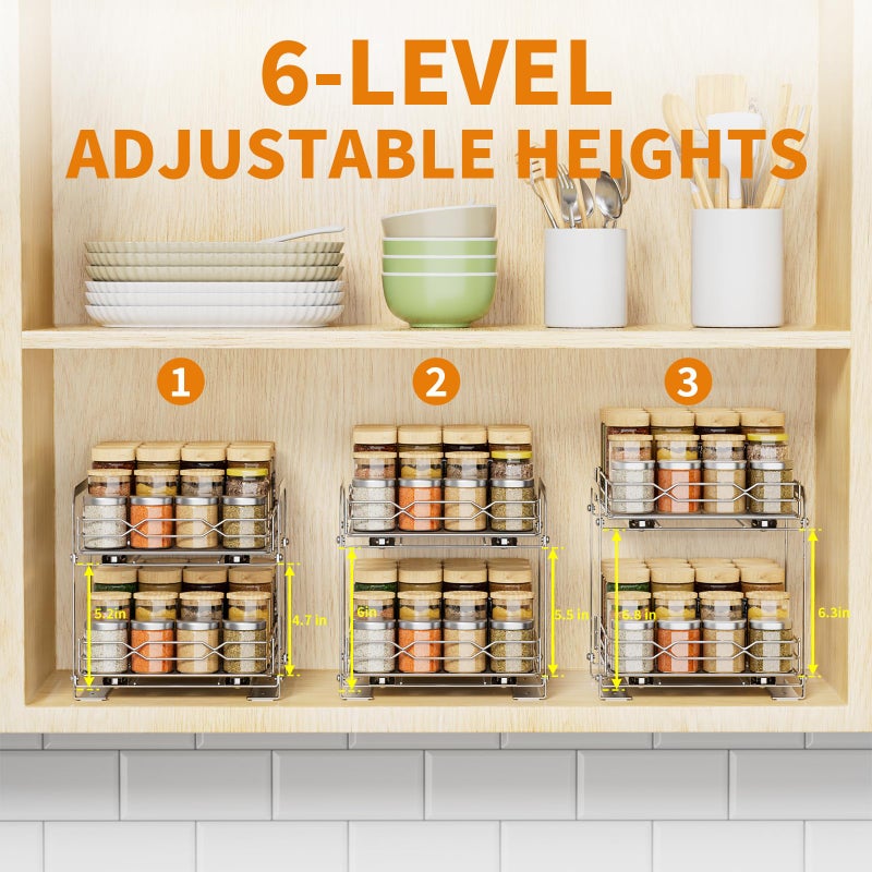 RCHYFEED Pull Out Spice Rack Organizer for Inside Cabinet, 2 Tier Spice Rack Spice Organization for Cabinet 6 Height Adjustable, Seasoning Organizer, 9.2"W x 10.4"D x 9.8"H (Also for Cabinet with Lip) - Image 5