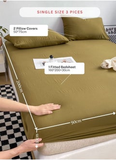 LUNA Home 3-Piece Set: Includes a single-size fitted bedsheet and two pillowcases, washable cotton in a green color.  - Image 2