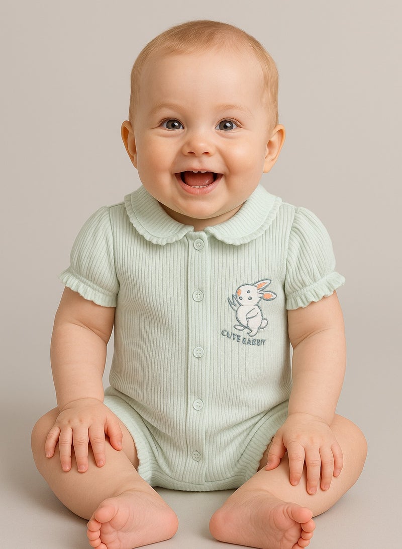 POPEES Half Sleeve 100% Cotton Baby Romper for Girls ,Ribbed Knit, Peter Pan Collar & Button Front, Soft Infant Onesie for Everyday Wear (Mint Green, Newborn–9 Months), - Image 1
