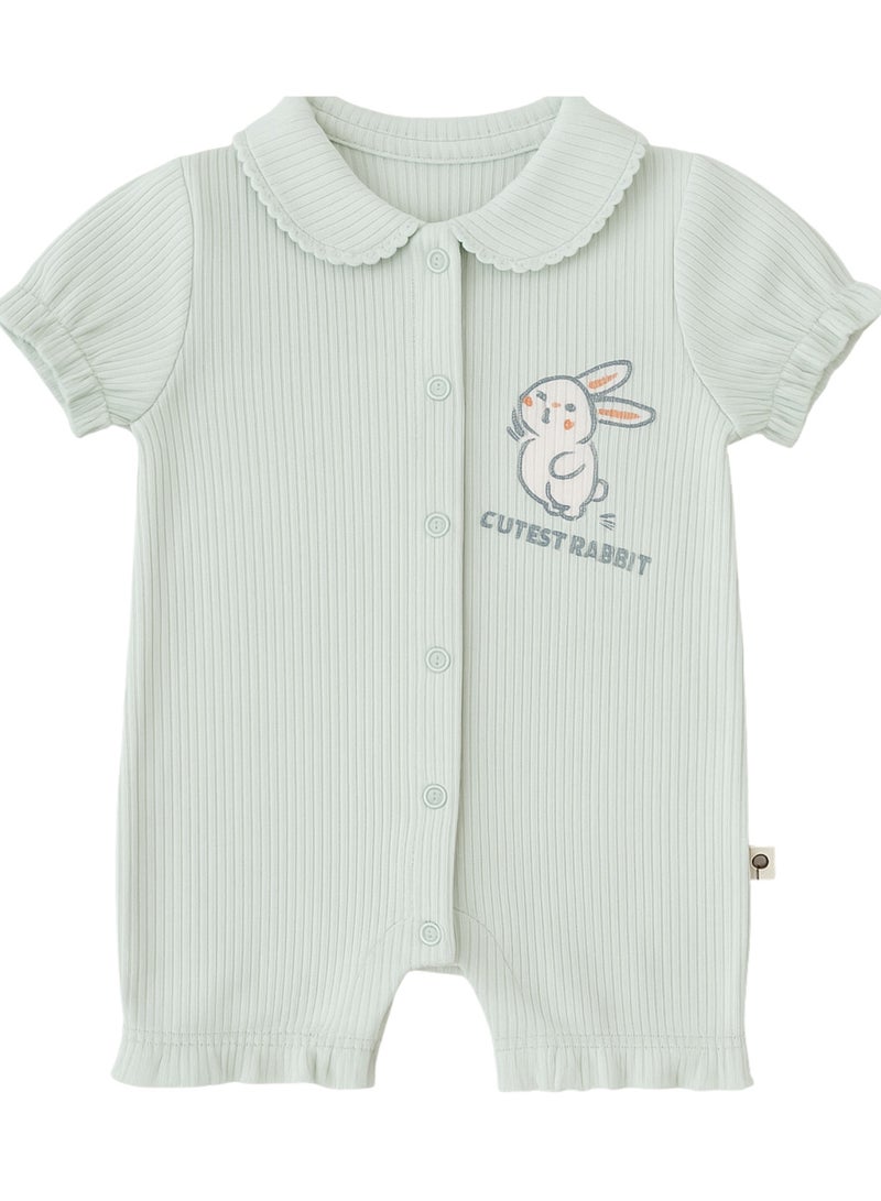 POPEES Half Sleeve 100% Cotton Baby Romper for Girls ,Ribbed Knit, Peter Pan Collar & Button Front, Soft Infant Onesie for Everyday Wear (Mint Green, Newborn–9 Months), - Image 2