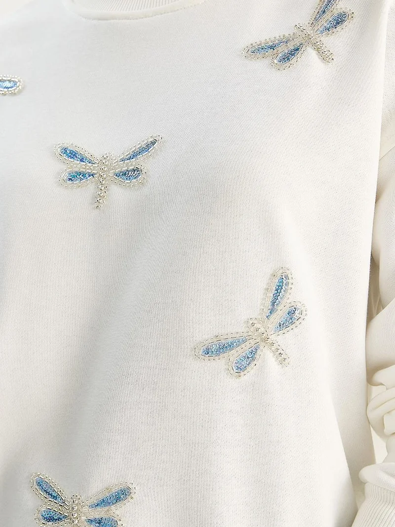 Bianco Lucci Dragonfly Embroidered Crew Neck Sweatshirt