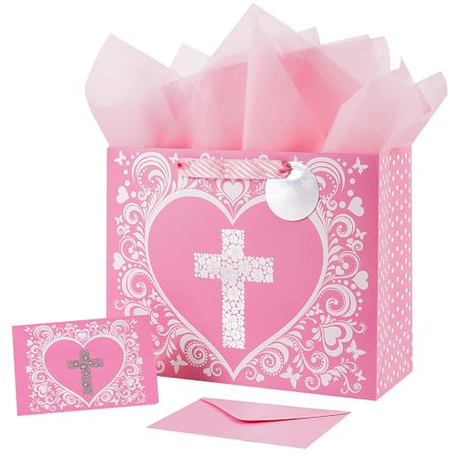 JWSCYSY 126 Large Pink Gift Bag with Metallic Silver Floral Cross Design Card and Tissue Paper for Baby Girl Baptisms Christenings First Communions Religious - Image 1