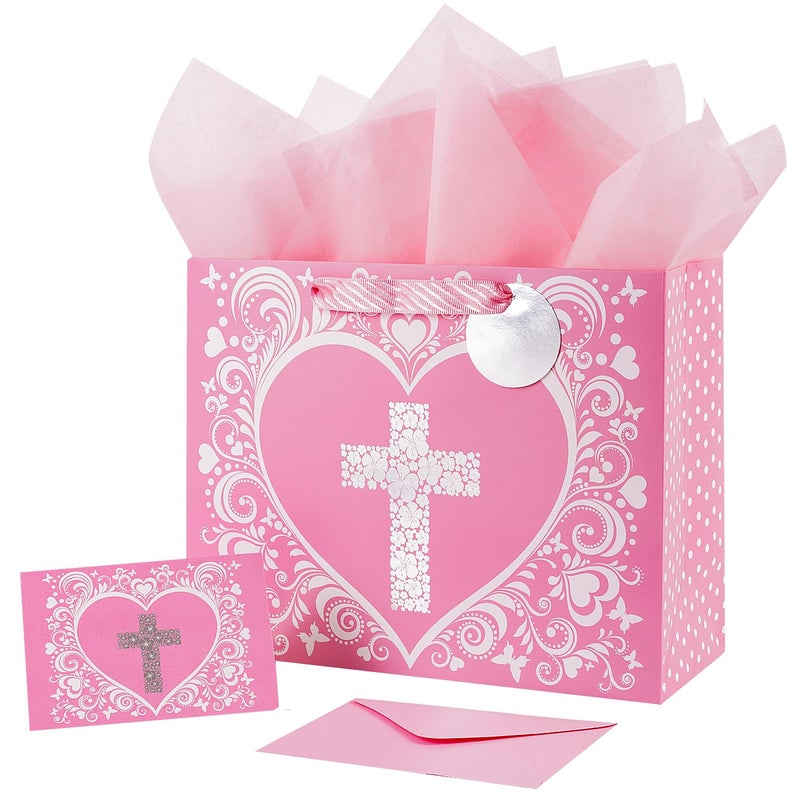 JWSCYSY 126 Large Pink Gift Bag with Metallic Silver Floral Cross Design Card and Tissue Paper for Baby Girl Baptisms Christenings First Communions Religious - Image 2