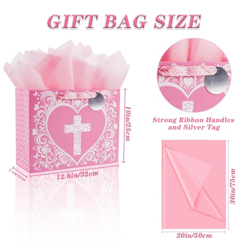JWSCYSY 126 Large Pink Gift Bag with Metallic Silver Floral Cross Design Card and Tissue Paper for Baby Girl Baptisms Christenings First Communions Religious - Image 3