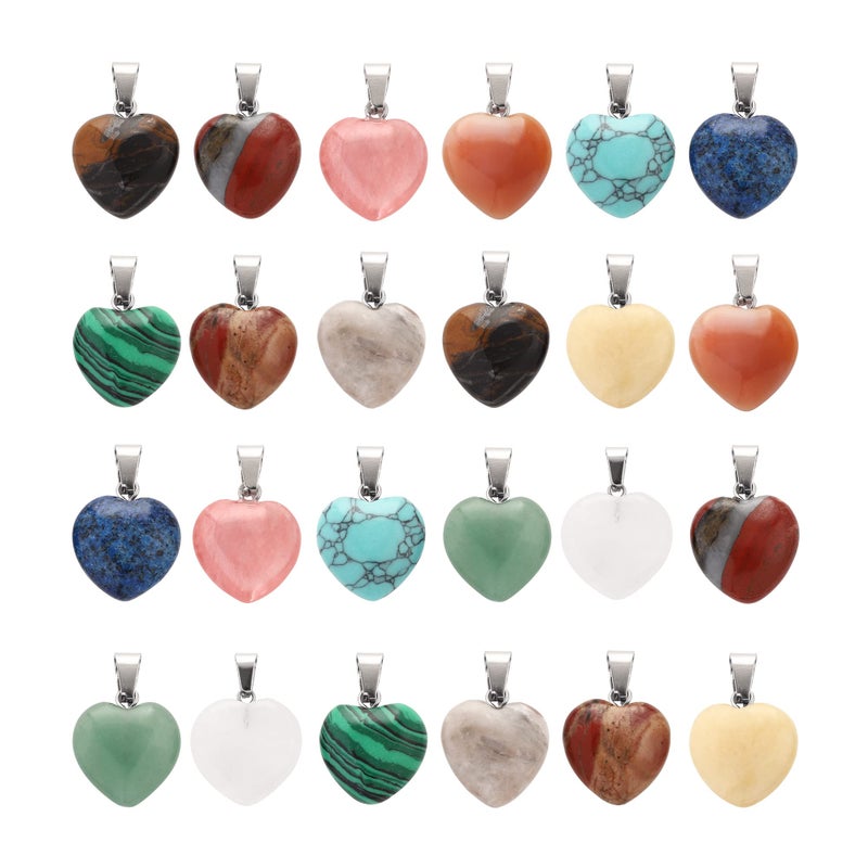 Lezam 24 Pieces Healing Crystal Heart Shaped Pendants Necklace Charms for DIY Jewelry Making Natural Quartz Stones Chakra Love Beads Bulk 16mm - Image 1