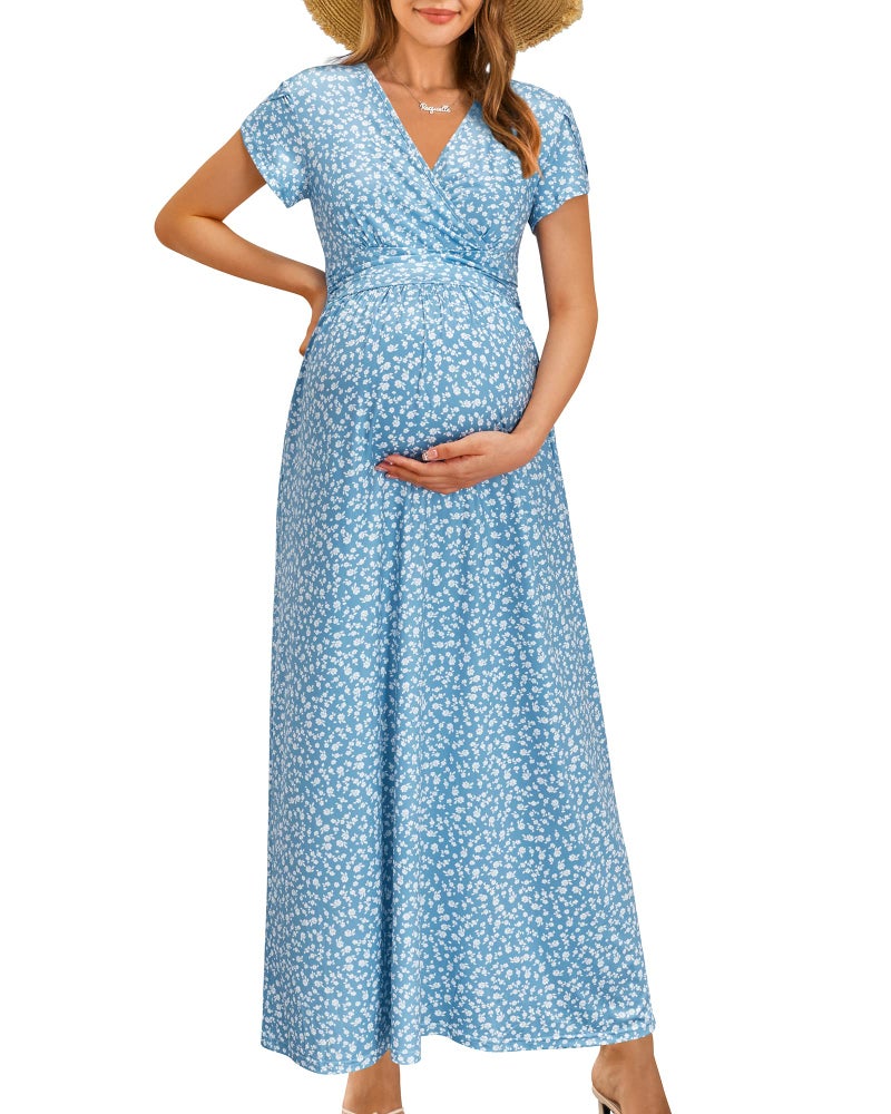 OUGES Maternity Maxi Dress Wrap Baby Shower Pregnancy Dresses for Photoshoot Maternity Outfits Summer Clothes 2026(Floral-3, L) - Image 1