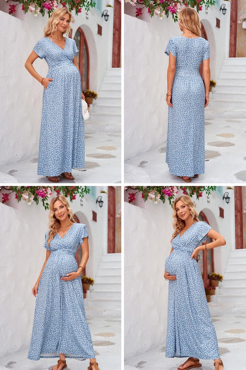 OUGES Maternity Maxi Dress Wrap Baby Shower Pregnancy Dresses for Photoshoot Maternity Outfits Summer Clothes 2026(Floral-3, L) - Image 4
