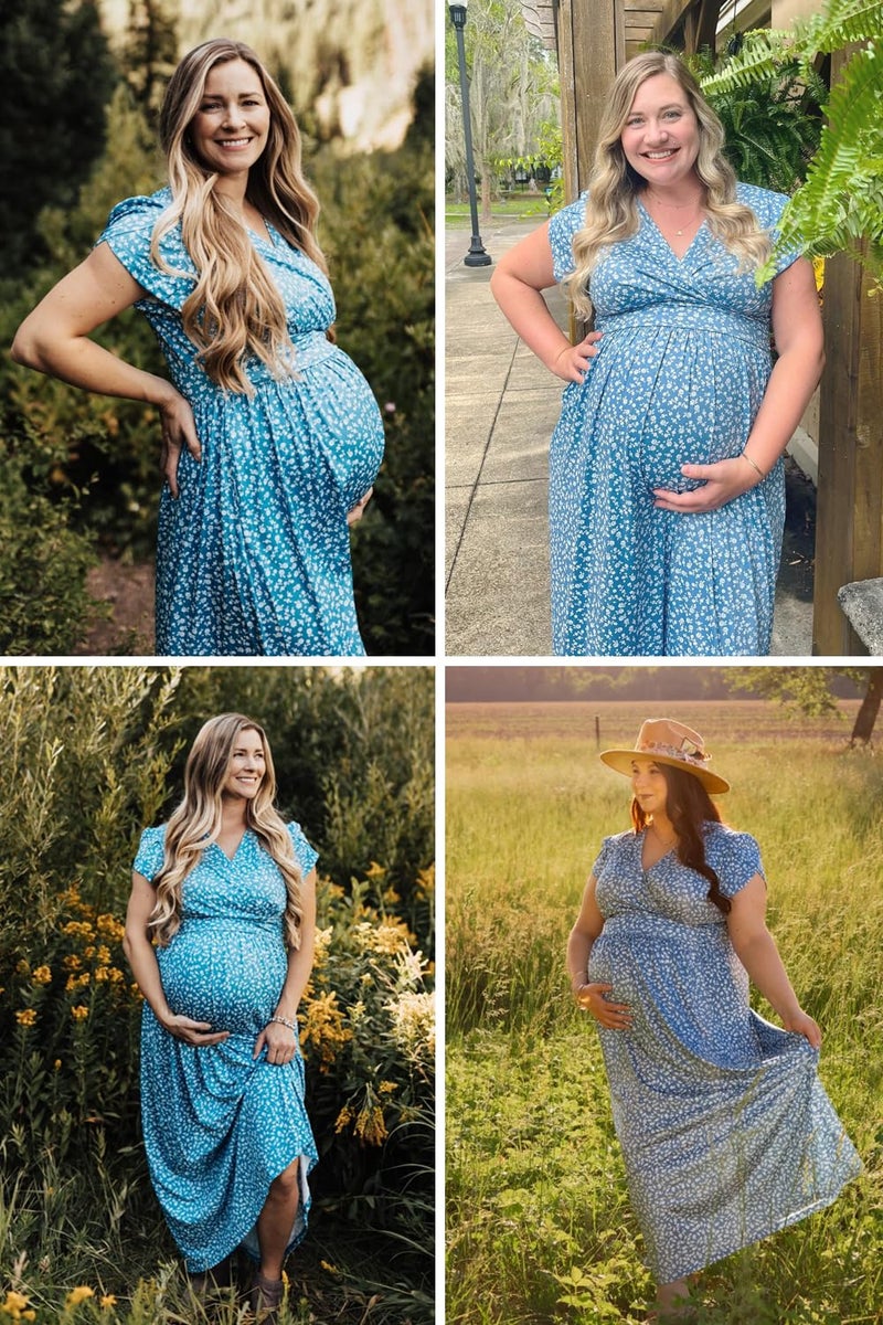 OUGES Maternity Maxi Dress Wrap Baby Shower Pregnancy Dresses for Photoshoot Maternity Outfits Summer Clothes 2026(Floral-3, L) - Image 2