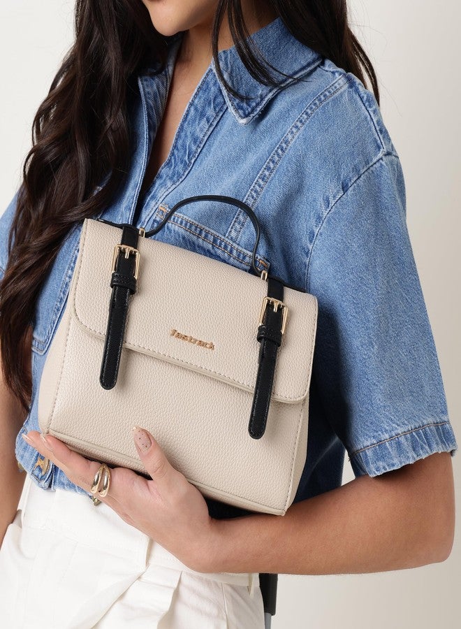 Fastrack Monochrome Muse Satchel | Faux-Leather Women’s Handbag in White & Black | Buckle-Flap Design with Dual Carry Options & Multi-Compartment Interior - Image 2