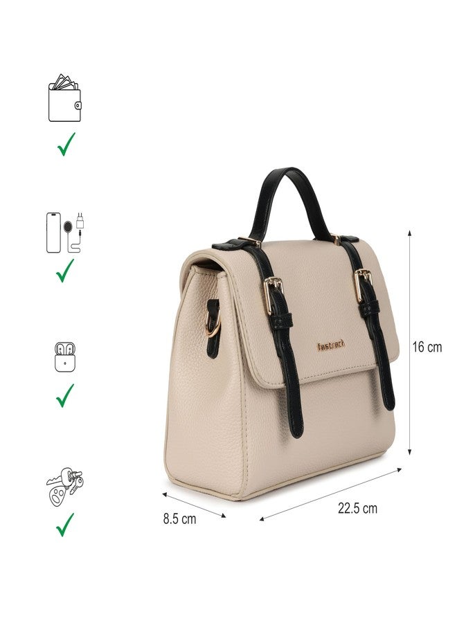Fastrack Monochrome Muse Satchel | Faux-Leather Women’s Handbag in White & Black | Buckle-Flap Design with Dual Carry Options & Multi-Compartment Interior - Image 4
