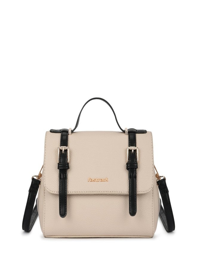 Fastrack Monochrome Muse Satchel | Faux-Leather Women’s Handbag in White & Black | Buckle-Flap Design with Dual Carry Options & Multi-Compartment Interior - Image 1
