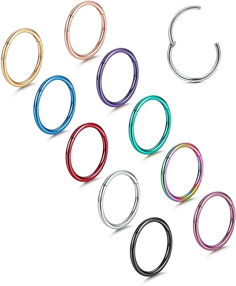 Besteel 10 Pcs 16G 18G Hinged Clicker Nose Rings Helix Cartilage Daith Hoop Earrings For Women Men Septum Tragus Sleeper Conch Piercing Earring Set 8-12Mm - Image 1