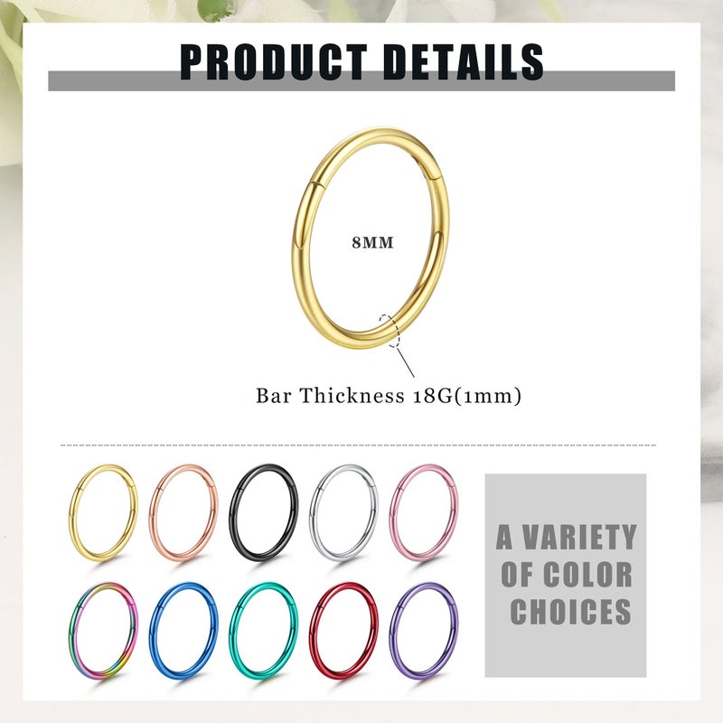 Besteel 10 Pcs 16G 18G Hinged Clicker Nose Rings Helix Cartilage Daith Hoop Earrings For Women Men Septum Tragus Sleeper Conch Piercing Earring Set 8-12Mm - Image 2