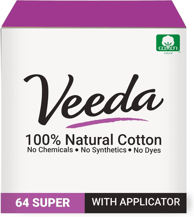 Veeda 100% Natural Cotton Tampons - Super Absorbency with Leak Proof Protection - Compact BPA-Free Applicator - Unscented & Free from Chlorine, Toxin - 64 Count - Image 1