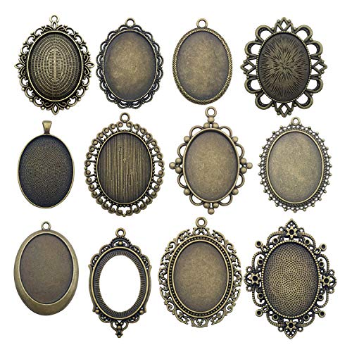 Youdiyla 10 Pendant Trays, 30x40mm, Blank Oval Cabochons Base Setting Bezel Frame Metal Cameo for Photo Pendant Jewelry Making (Antique Bronze-HM277) - Image 1