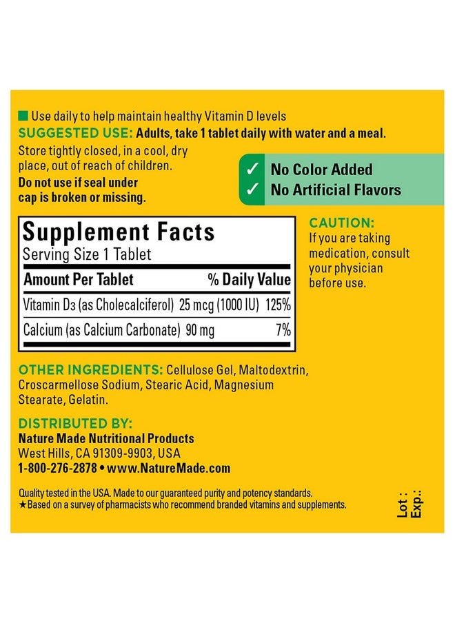 Vitamin D3 Tablets D 1000 Iu 25 Mcg Helps Support Immune Health Strong Bones And Teeth Muscle Function 125% Daily Value 300 Count Pack Of 3