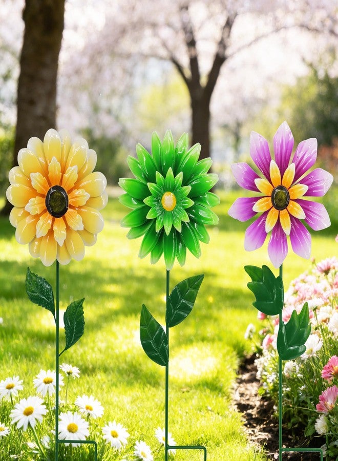 Guangxie Metal Retro Flower Wind Spinner Art, Guangxie Yard Decorations Outdoor - 3 Pack for Outdoor, Patio, Backyard and Flower Bed Spring Decor (Yellow, Green, Purple) - Image 1