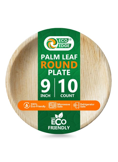 EcoEdge 9 Inch Round Areca Palm Leaf Disposable Plates (Pack of 10) | Recyclable, Non-Toxic, Eco Friendly, Biodegradable, Compostable | Bamboo Wood Finish, Naturally Elegant, Rustic | 100% Plant Based