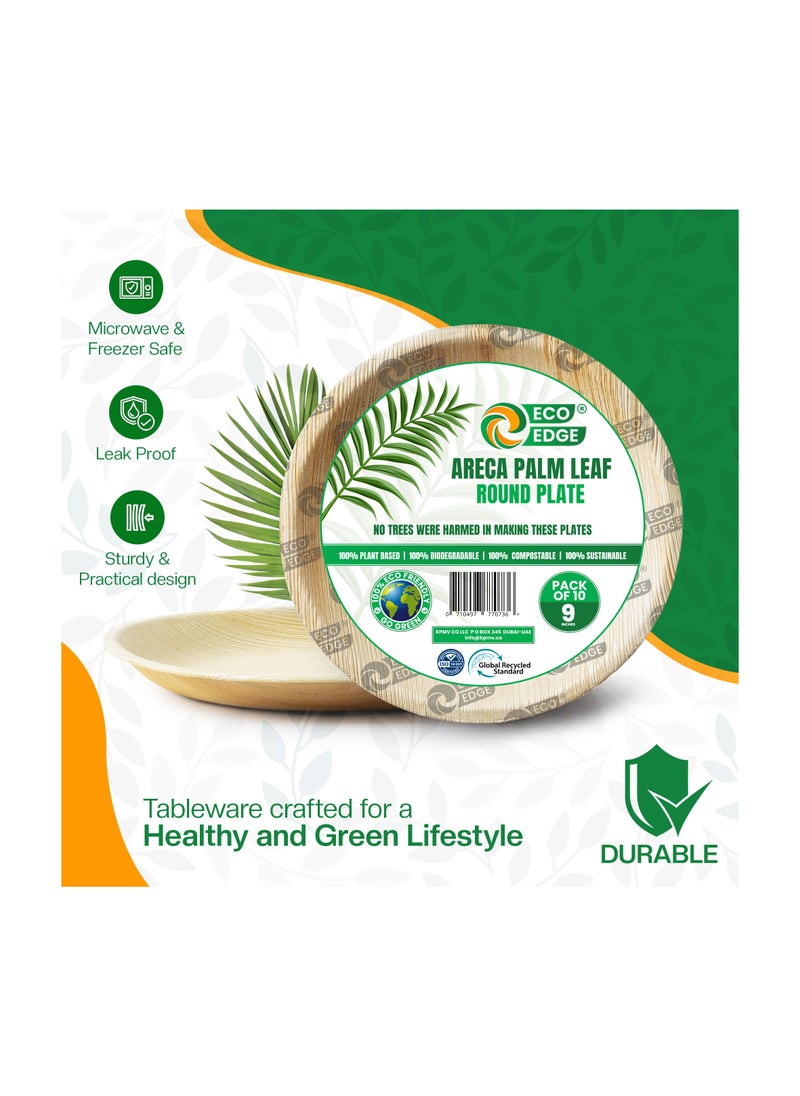 EcoEdge - EcoEdge 9 Inch Round Areca Palm Leaf Disposable Plates (Pack of 10) | Recyclable, Non-Toxic, Eco Friendly, Biodegradable, Compostable | Bamboo Wood Finish, Naturally Elegant, Rustic | 100% Plant Based - Image 1