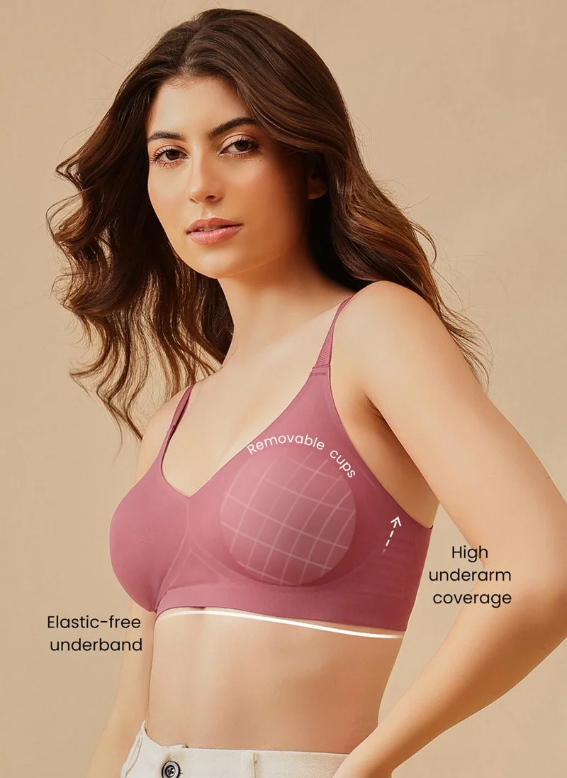 Clovia Pink Clovia Seamless Bonded Padded Non-Wired Full Coverage T-shirt Bra in Salmon Pink for Women | Best Price UAE
