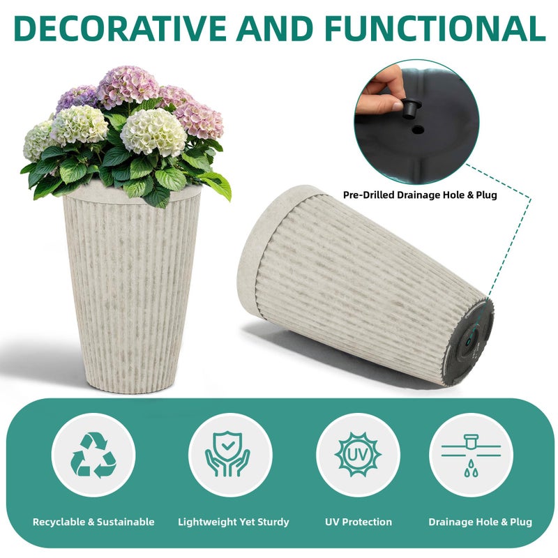 Ultym 20" Resin Tall Planters for Outdoor Plants,Set of 2 Vintage Ivory Large Flower Pots with Handmade Fluted Texture,Heavy-Duty and Weather-Resistant for Porch Christmas Decor,Garden, Patio - Image 5