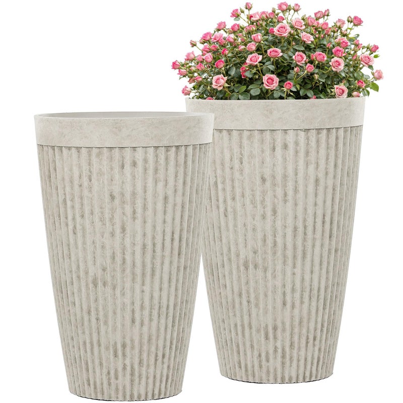 Ultym 20" Resin Tall Planters for Outdoor Plants,Set of 2 Vintage Ivory Large Flower Pots with Handmade Fluted Texture,Heavy-Duty and Weather-Resistant for Porch Christmas Decor,Garden, Patio - Image 1