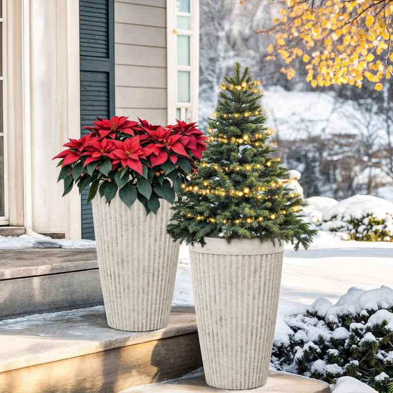 Ultym 20" Resin Tall Planters for Outdoor Plants,Set of 2 Vintage Ivory Large Flower Pots with Handmade Fluted Texture,Heavy-Duty and Weather-Resistant for Porch Christmas Decor,Garden, Patio - Image 2