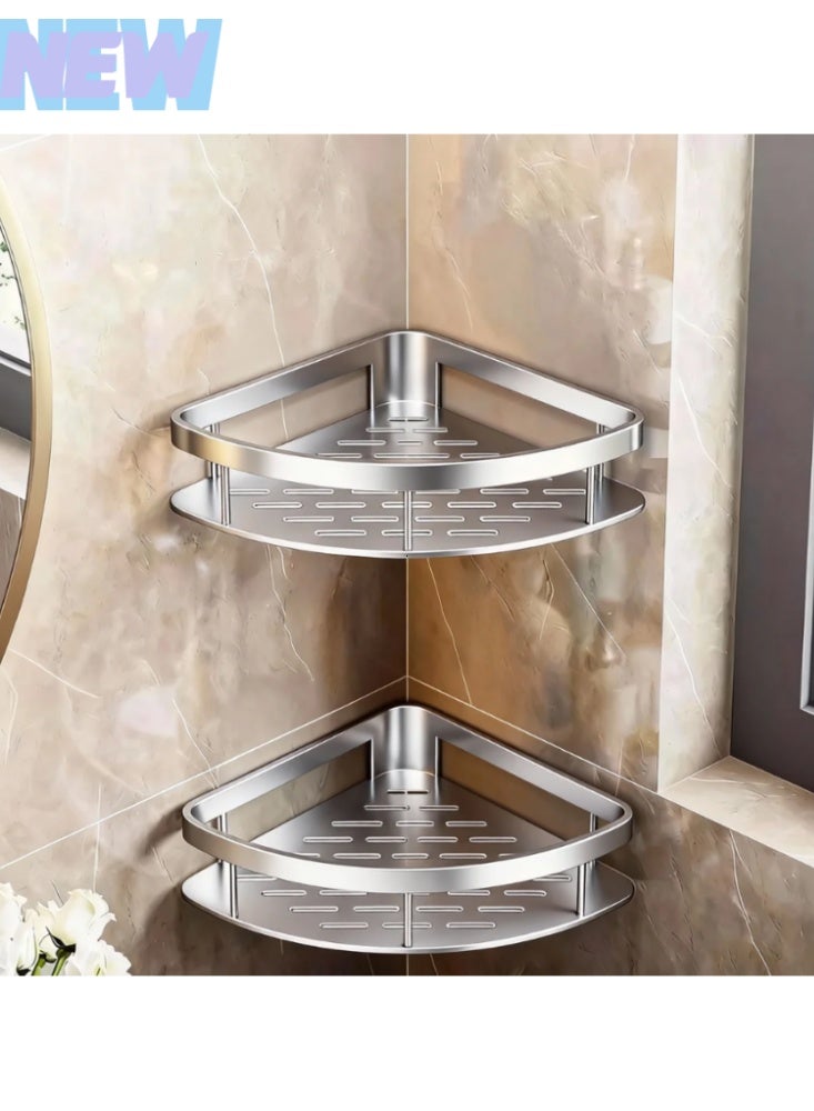 【Silver】2 Pack Shower Caddy Shelf, Rustproof Bathroom Basket for Shower, Non Drilling Adhesive Shower Caddy, Wall Mounted Corner Shelf, Shampoo Holder Storage Rack Organizer for Bathroom/Toilet/Kitchen - Image 1