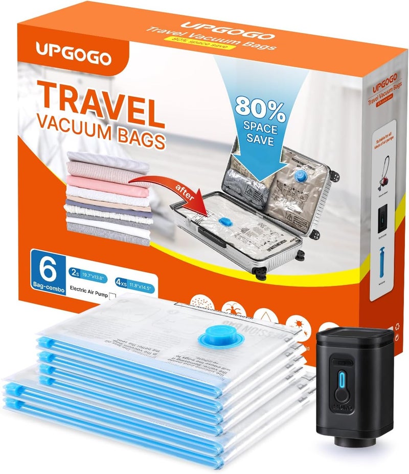 UPGOGO مجموعة 6 قطع من أكياس التفريغ للسفر - أكياس تخزين التفريغ الموفرة للمساحة للملابس والأمتعة - Image 1