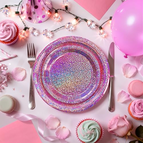 Watch Me Fly Pink Iridescent Paper Plates & Napkins, 75pcs Dinnerware Includes 9" Dinner Plates, 7" Dessert Plates & 6.5" Napkins, Holographic Sparkle, Disposable Party Tableware for Birthday, Bachelorette - Image 5