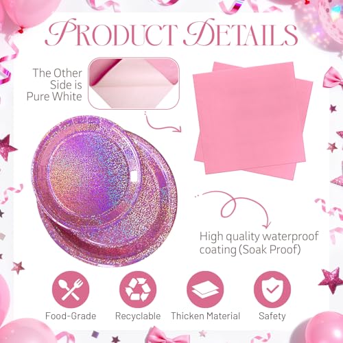 Watch Me Fly Pink Iridescent Paper Plates & Napkins, 75pcs Dinnerware Includes 9" Dinner Plates, 7" Dessert Plates & 6.5" Napkins, Holographic Sparkle, Disposable Party Tableware for Birthday, Bachelorette - Image 3