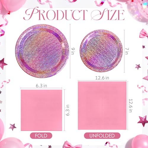 Watch Me Fly Pink Iridescent Paper Plates & Napkins, 75pcs Dinnerware Includes 9" Dinner Plates, 7" Dessert Plates & 6.5" Napkins, Holographic Sparkle, Disposable Party Tableware for Birthday, Bachelorette - Image 2